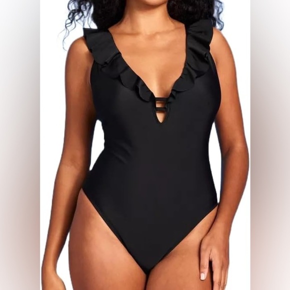 Black Ruffled One-Piece Swimsuit NWT - Picture 1 of 7